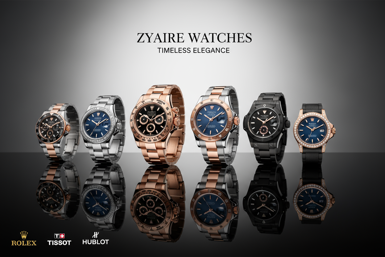 Create a luxury hero banner for a Shopify watch store named "Zyaire Watches". The banner should showcase premium watch brands — Rolex, Tissot, and Hublot — in a high-end, elegant setting. Include different color variations (silver, gold, black, blue) and couple watches displayed stylishly together.

The background should be minimal, luxury-inspired, with a white or dark gradient and soft spotlight reflections to highlight the watches. Add a refined reflection on the surface under the watches for realism.

T